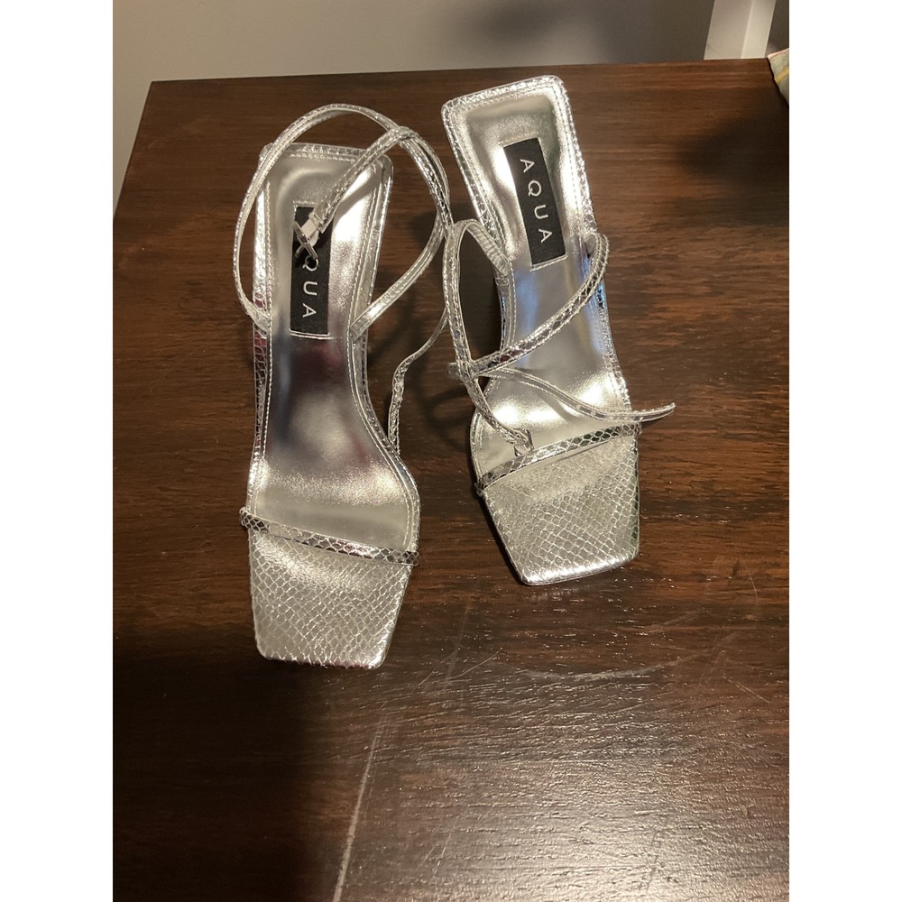 AQUA Silver Snake Embossed Square Toe Stiletto Heel Sandals Women's‎ Size 7